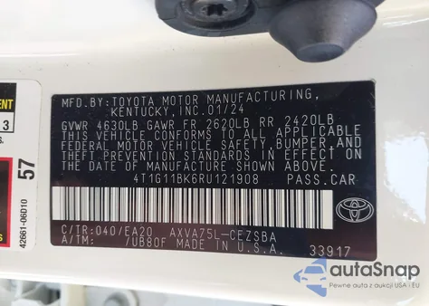 2024 Toyota Camry Se Night Shade/Se from USA, damaged, VIN 4T1G11BK6RU121908